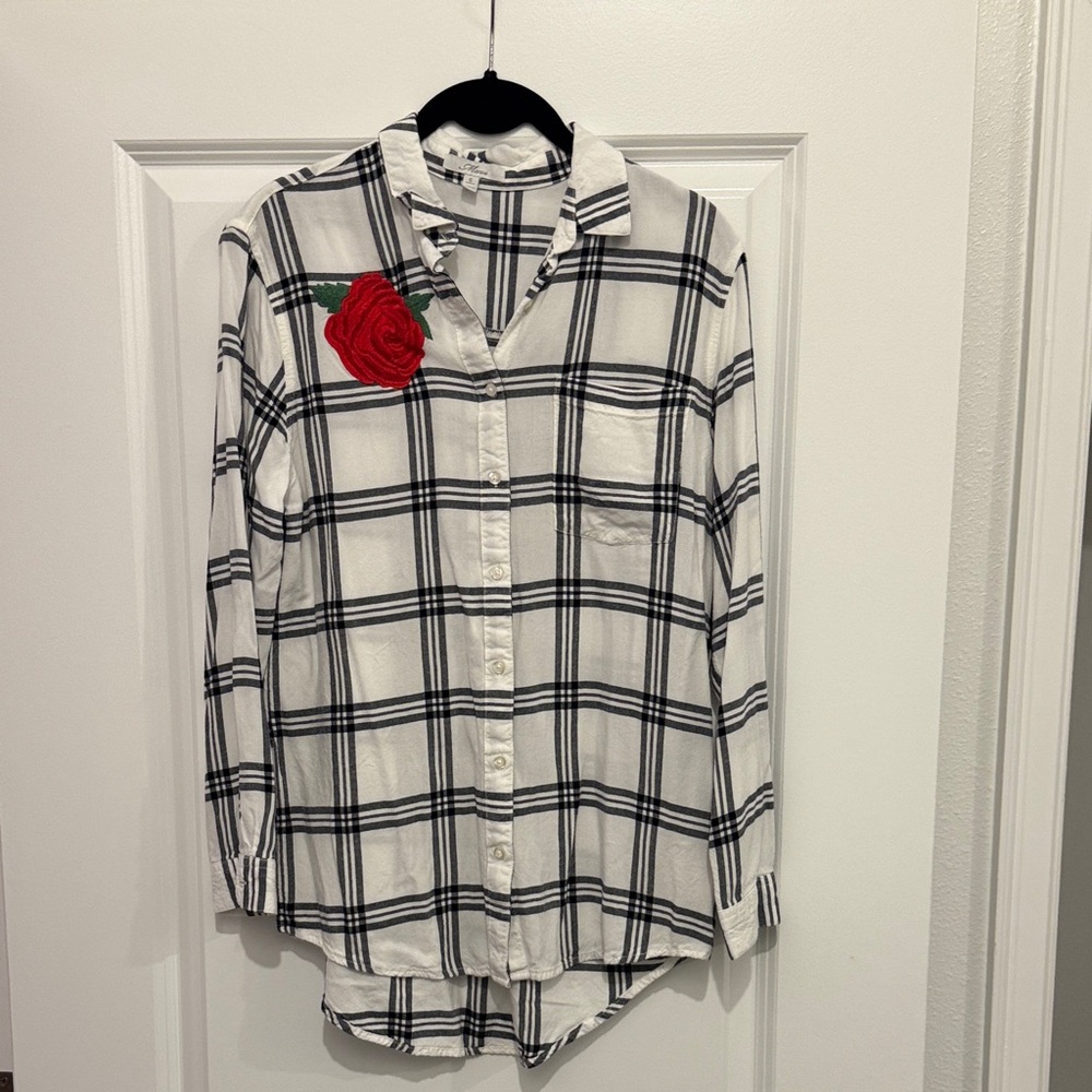 Mavi Jeans Plaid Button-Up Shirt with Rose Embroidery